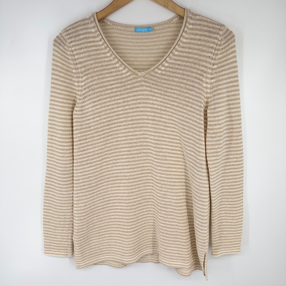 J.McLaughlin Callum Sweater Womens M Beige Striped Roll Neck Havana Knit Coastal